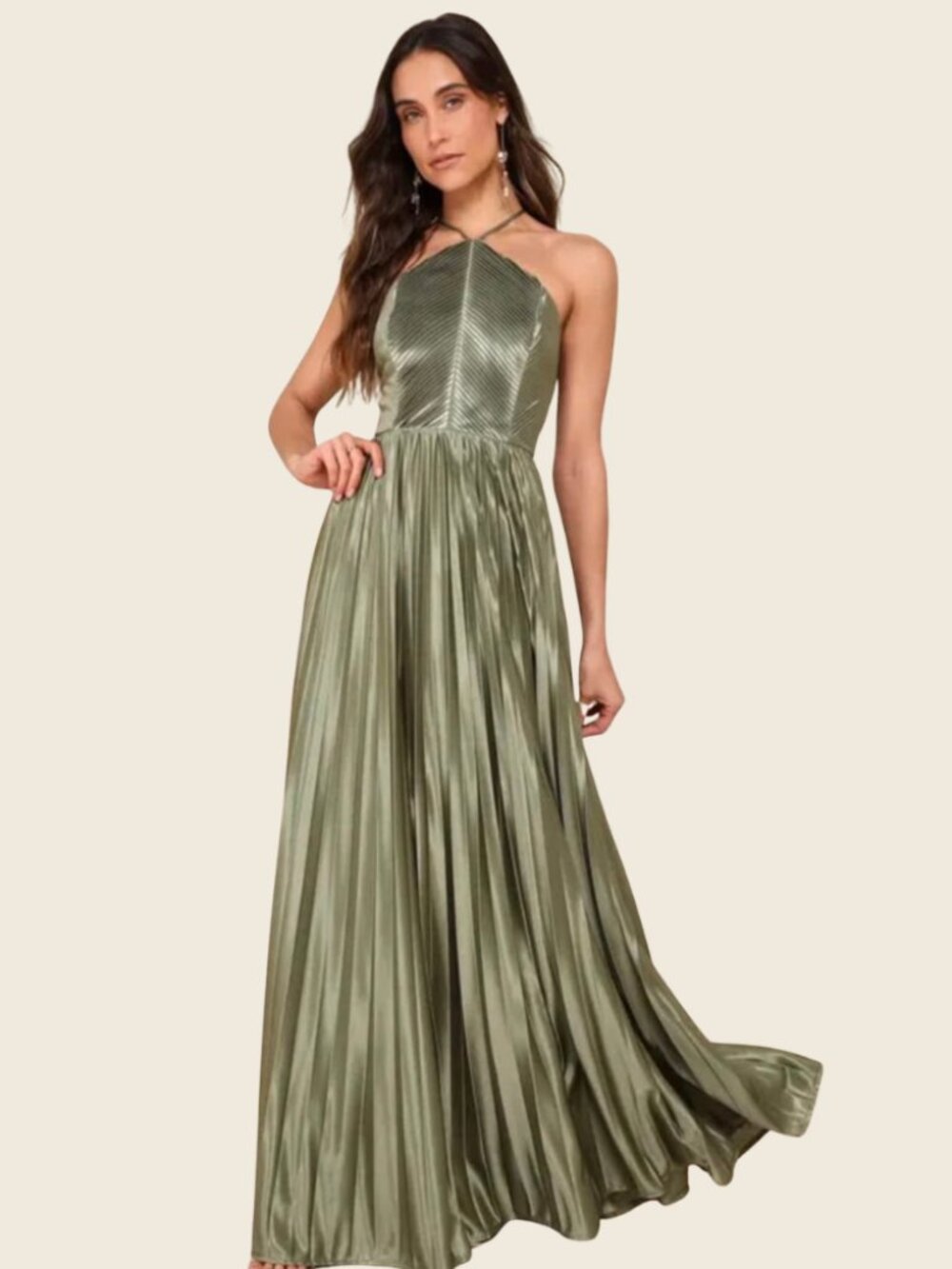 NWT - Olive Green Satin Halter Maxi Dress Pleated Formal Evening Gown
